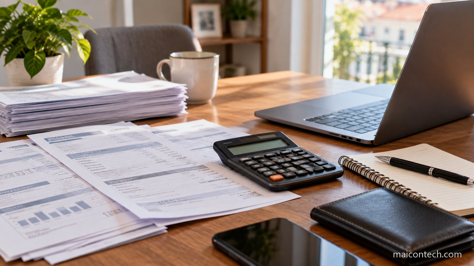 Extratos, calculadora e notebook sobre a mesa, para comprovar rendimentos