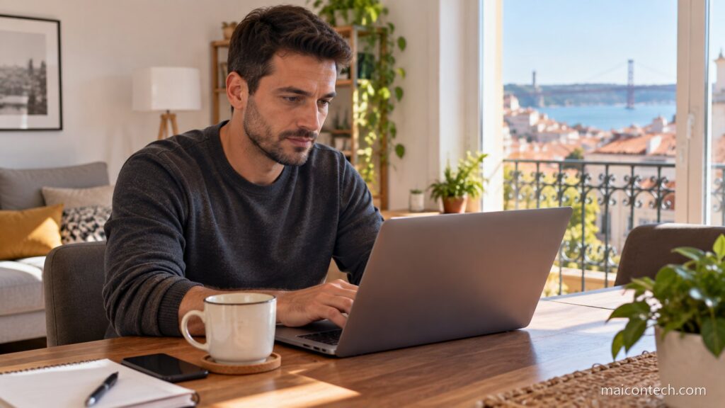 Homem trabalhando no notebook em casa, com vista de Lisboa pela janela