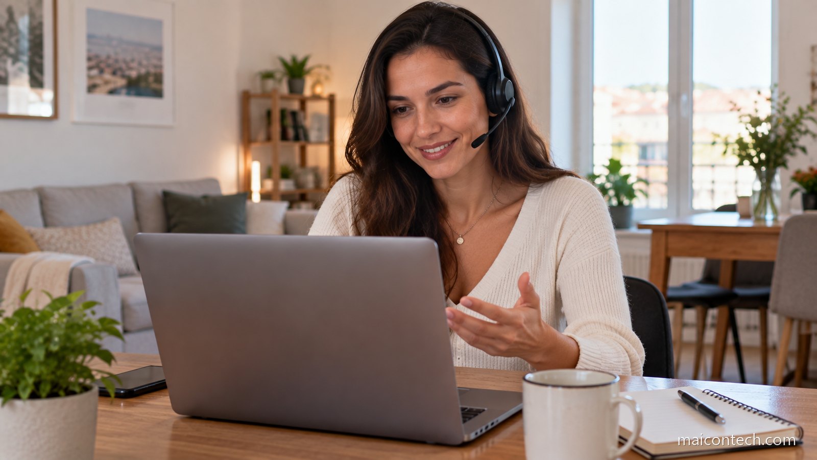 Mulher com headset numa reunião por videochamada em casa