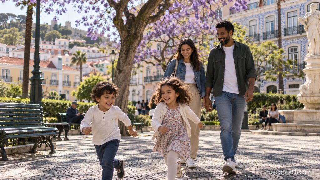 Família imigrante caminha com duas crianças num jardim de Lisboa sob jacarandás em flor, sobre calçada portuguesa