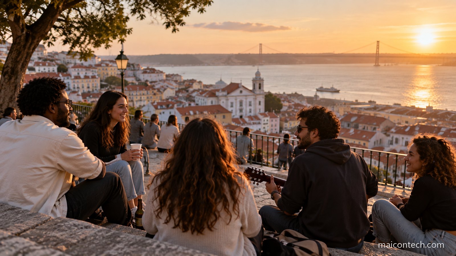 Grupo de jovens sentados num miradouro de Lisboa ao fim da tarde, com os telhados da cidade e a ponte 25 de Abril ao fundo