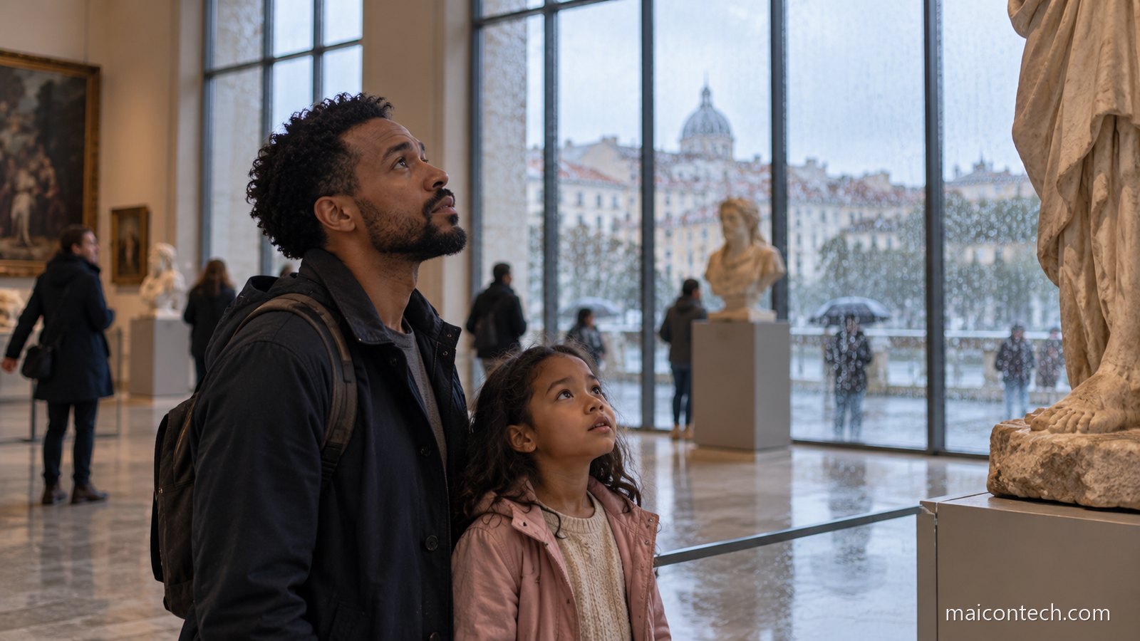 Pai e filha observam uma escultura dentro de um museu em Lisboa num dia de chuva, com a chuva a escorrer nas janelas altas