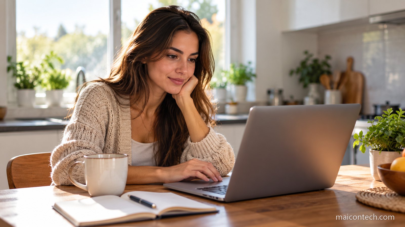 Mulher jovem sentada à mesa da cozinha a olhar para o ecrã de um portátil, com um caderno aberto e uma caneca ao lado, iluminada por luz natural da janela