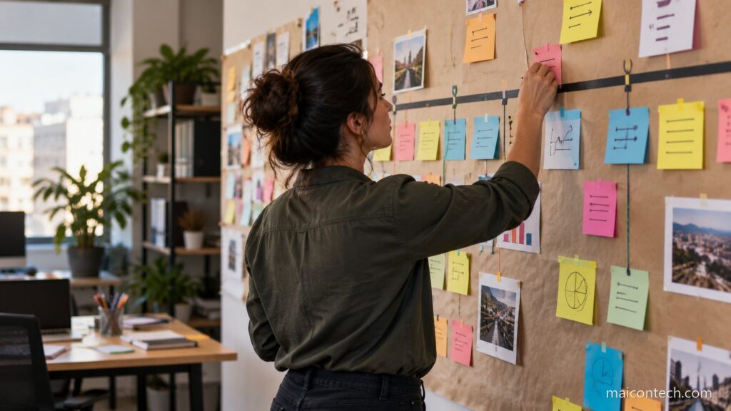 Mulher diante de uma parede de planeamento coberta de cartoes de papel ligados por fitas numa linha temporal