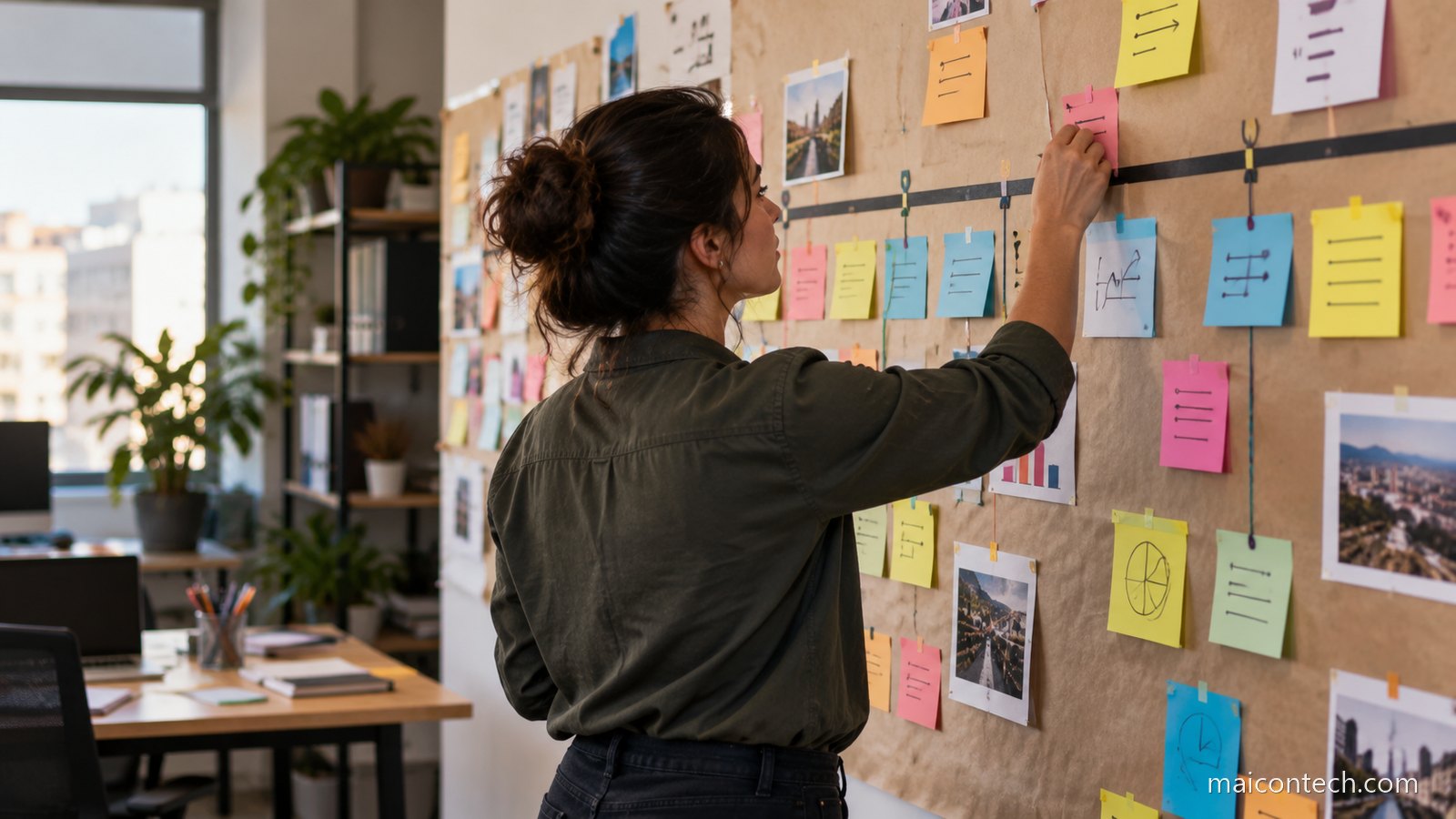 Mulher diante de uma parede de planeamento coberta de cartoes de papel ligados por fitas numa linha temporal