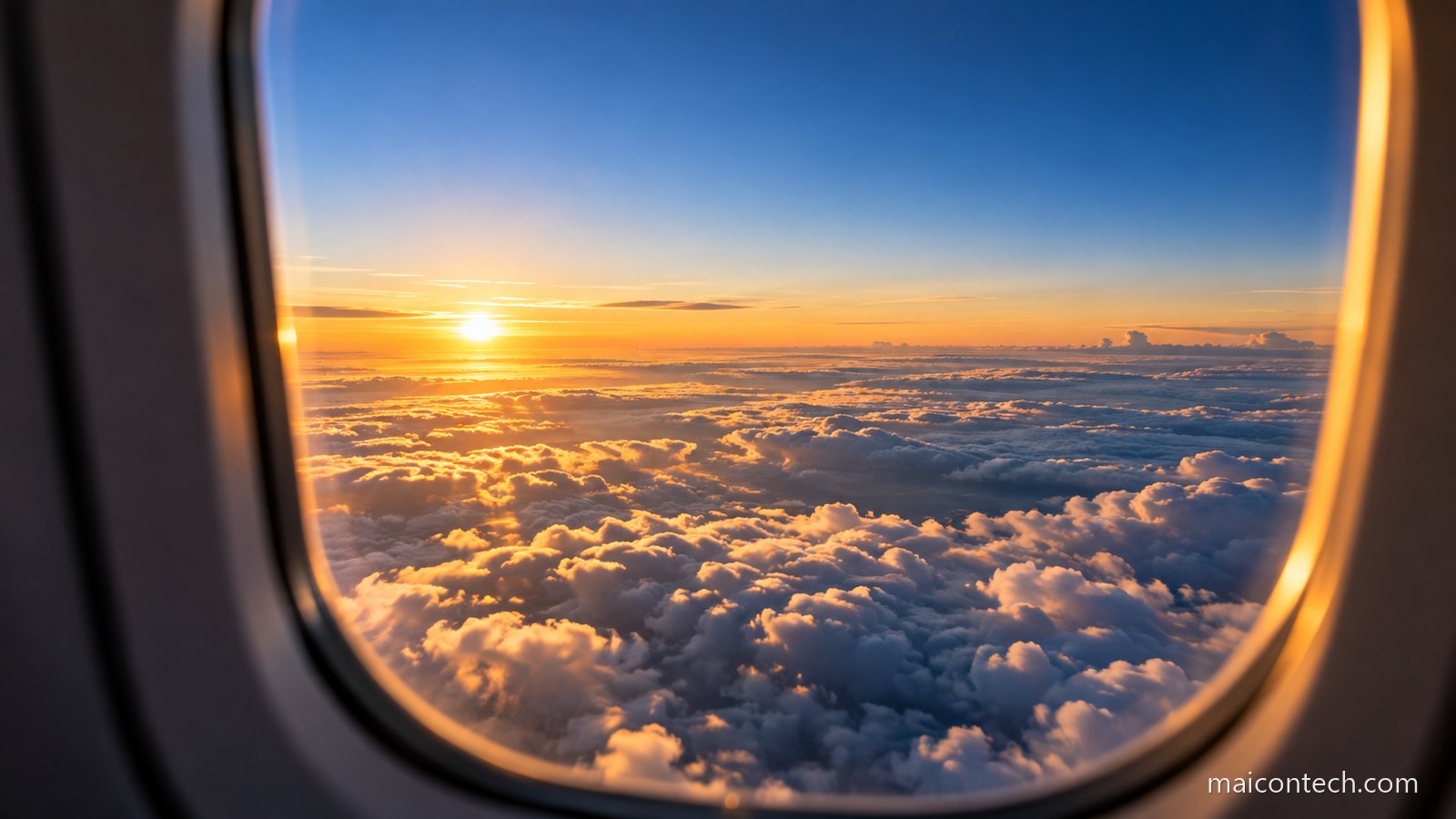 Vista da janela oval de um avião a meio do voo, com um mar de nuvens brancas iluminado pelo sol baixo e o céu azul escuro por cima