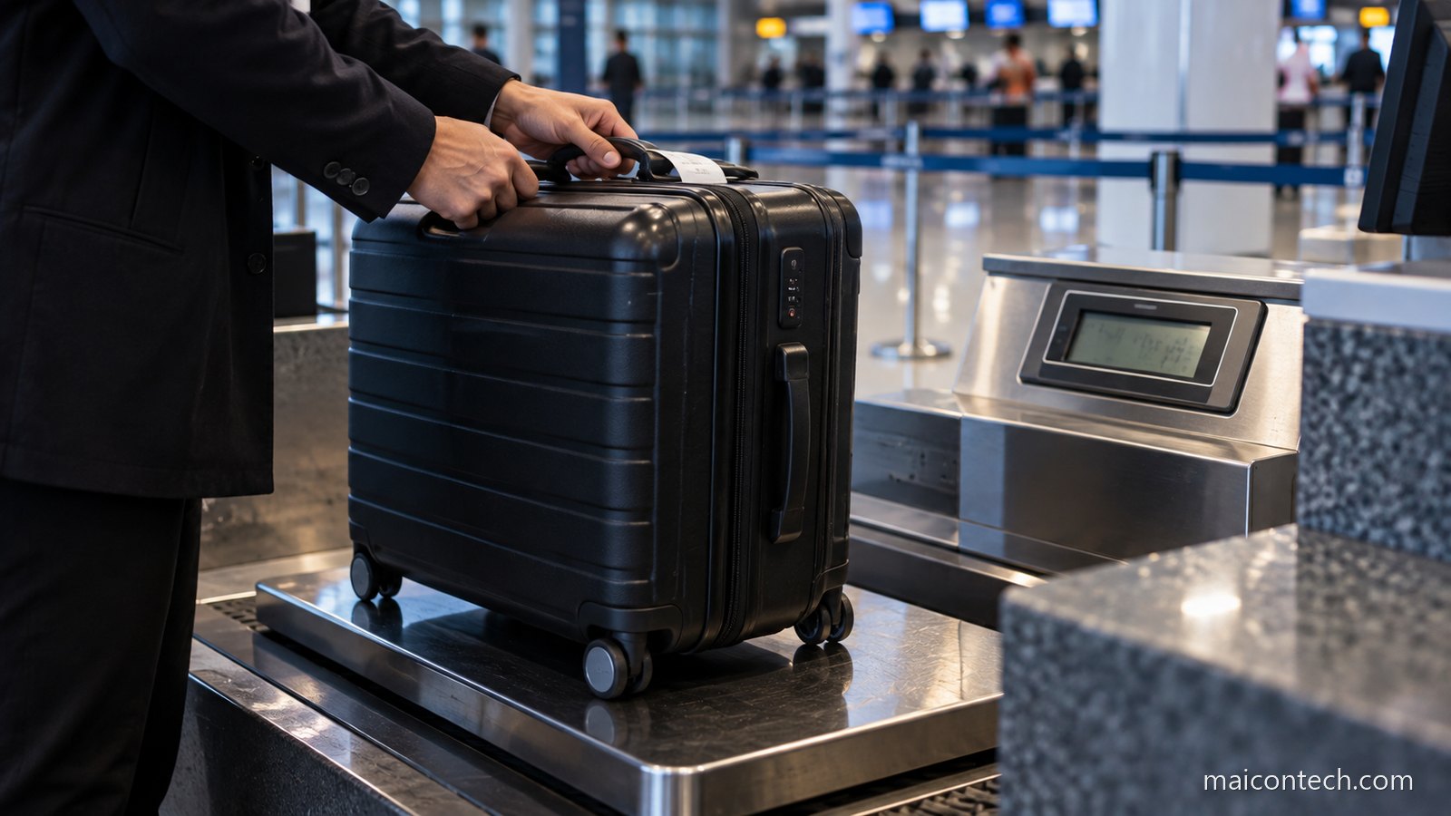 Mala de viagem preta rígida pousada na balança de bagagem de um balcão de check-in, com uma mão a segurar a pega e o mostrador ao lado