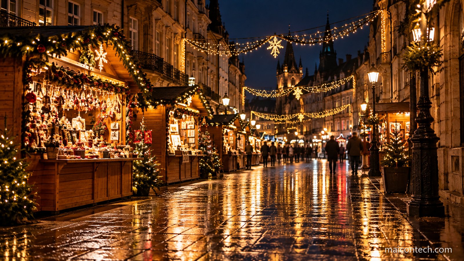 Rua europeia à noite com casinhas de madeira de mercado de Natal, luzes quentes penduradas entre os edifícios e o chão molhado a refletir as luzes
