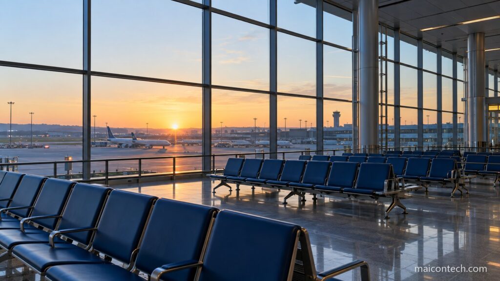 Sala de embarque de aeroporto ao amanhecer com filas de cadeiras azuis vazias e janelas altas do chao ao teto com a pista e o sol a nascer la fora