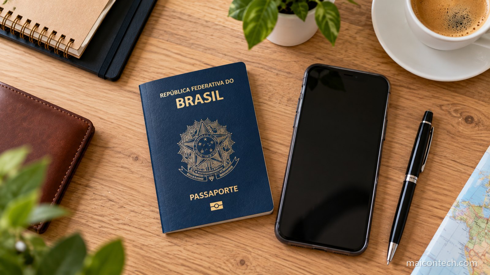 Passaporte brasileiro fechado sobre uma mesa de madeira, ao lado de um telemovel e de uma caneta