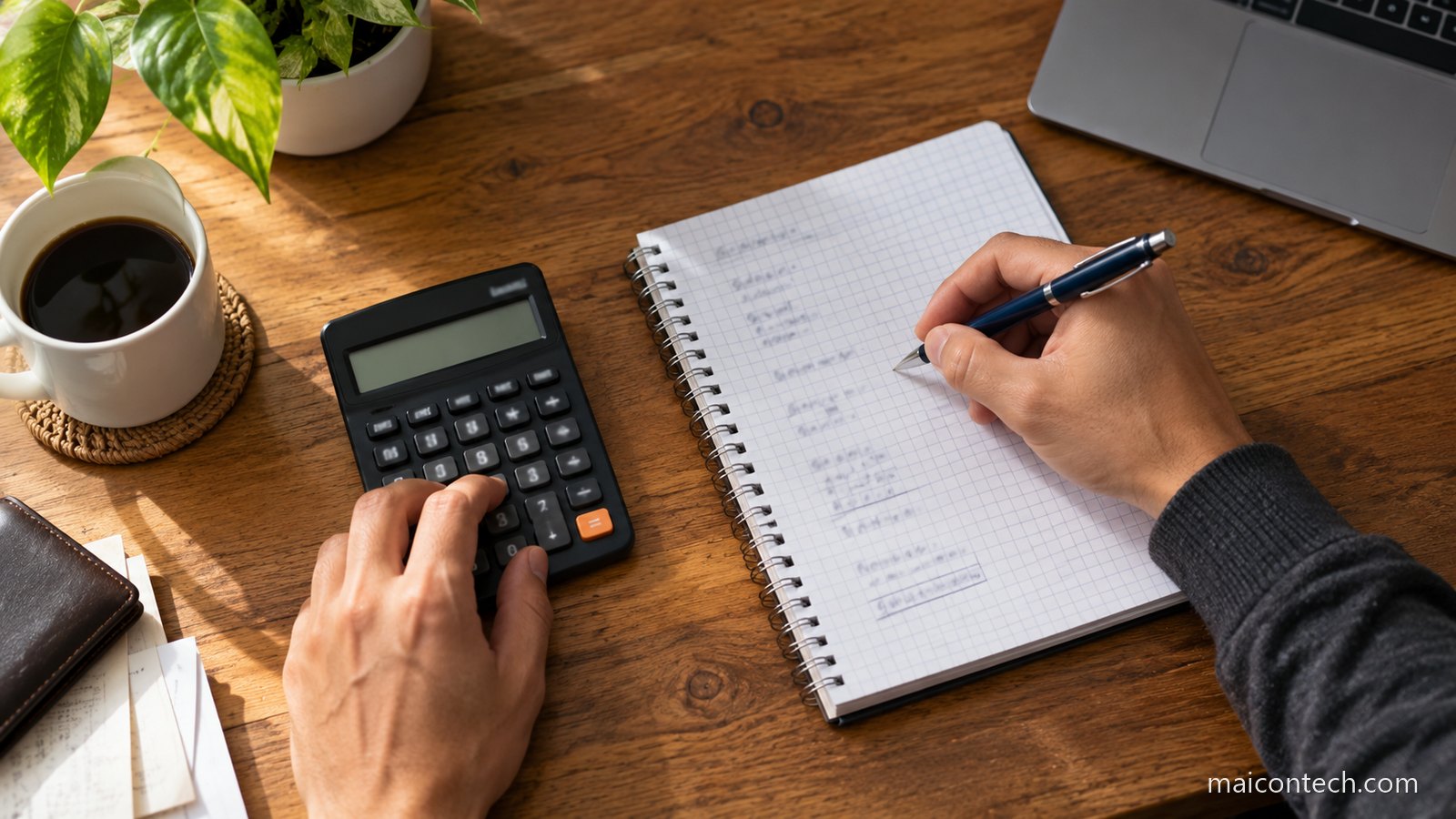 Maos a fazer uma conta com calculadora de secretaria e a anotar o resultado num caderno quadriculado