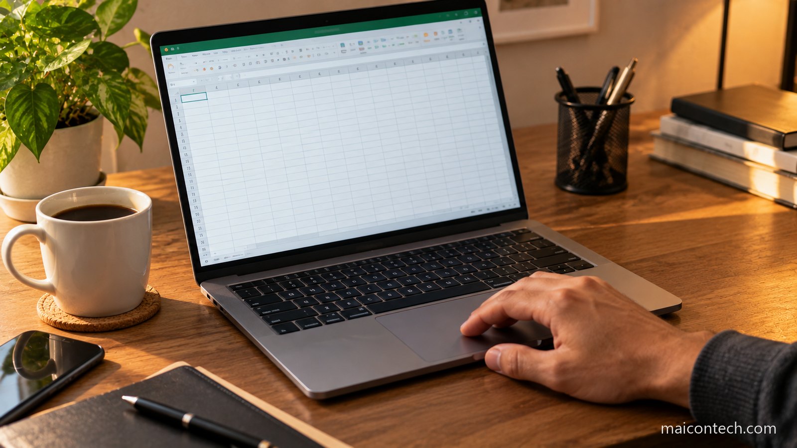 Portatil aberto sobre a secretaria a mostrar uma folha de calculo vazia, com a mao no touchpad