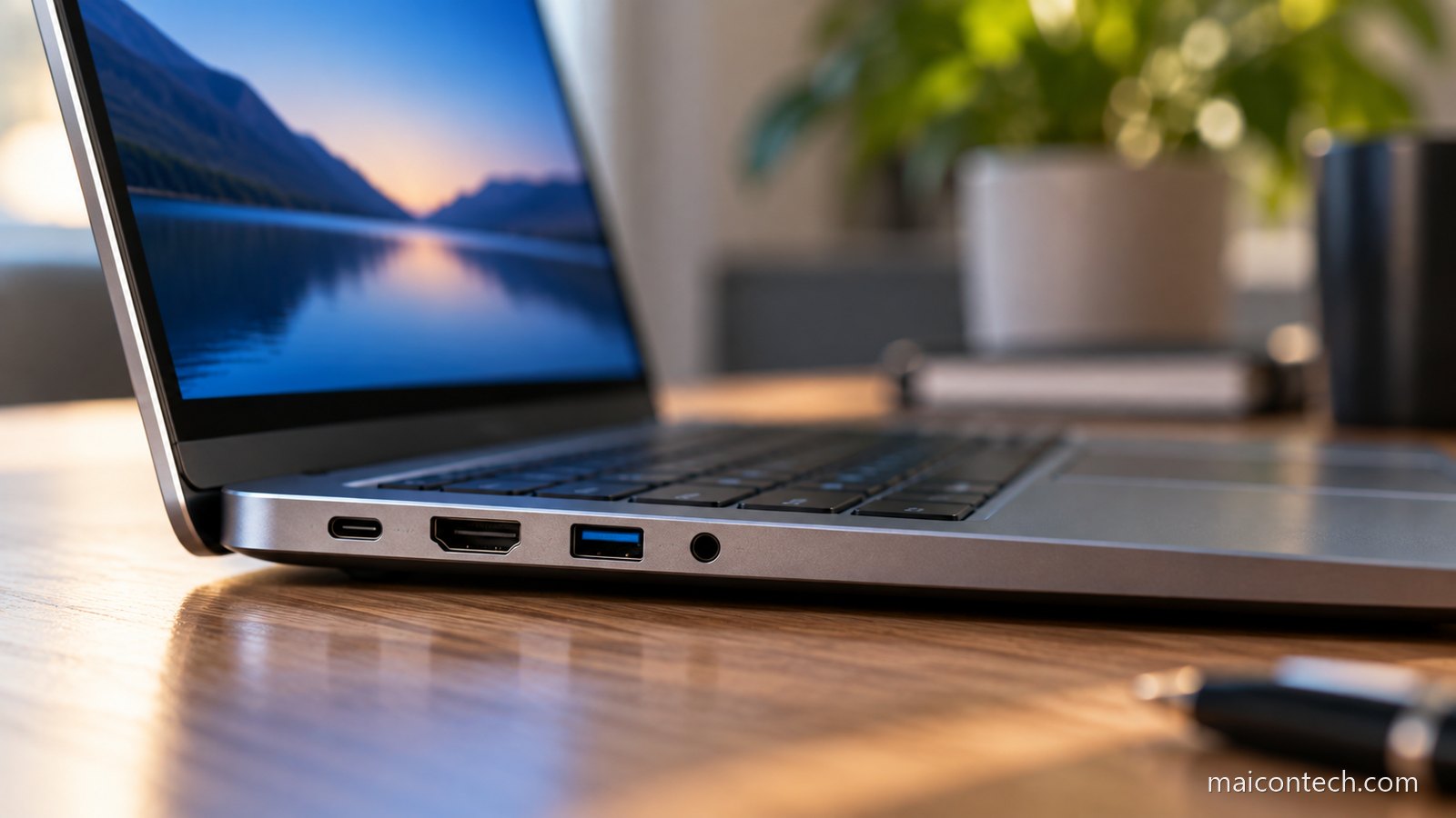 Grande plano do perfil lateral de um portatil fino, a mostrar as portas USB-C, HDMI e USB
