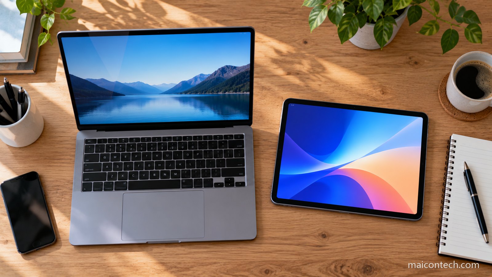 Portatil aberto e tablet lado a lado sobre uma mesa de madeira, vistos de cima
