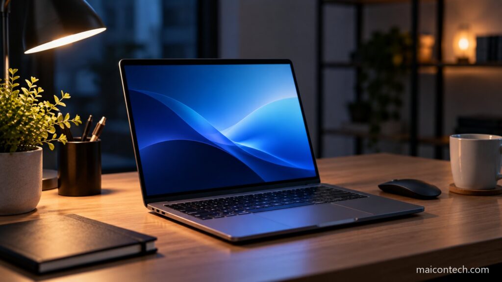 Portatil fino aberto numa secretaria de madeira a noite, com o ecra aceso em tons de azul