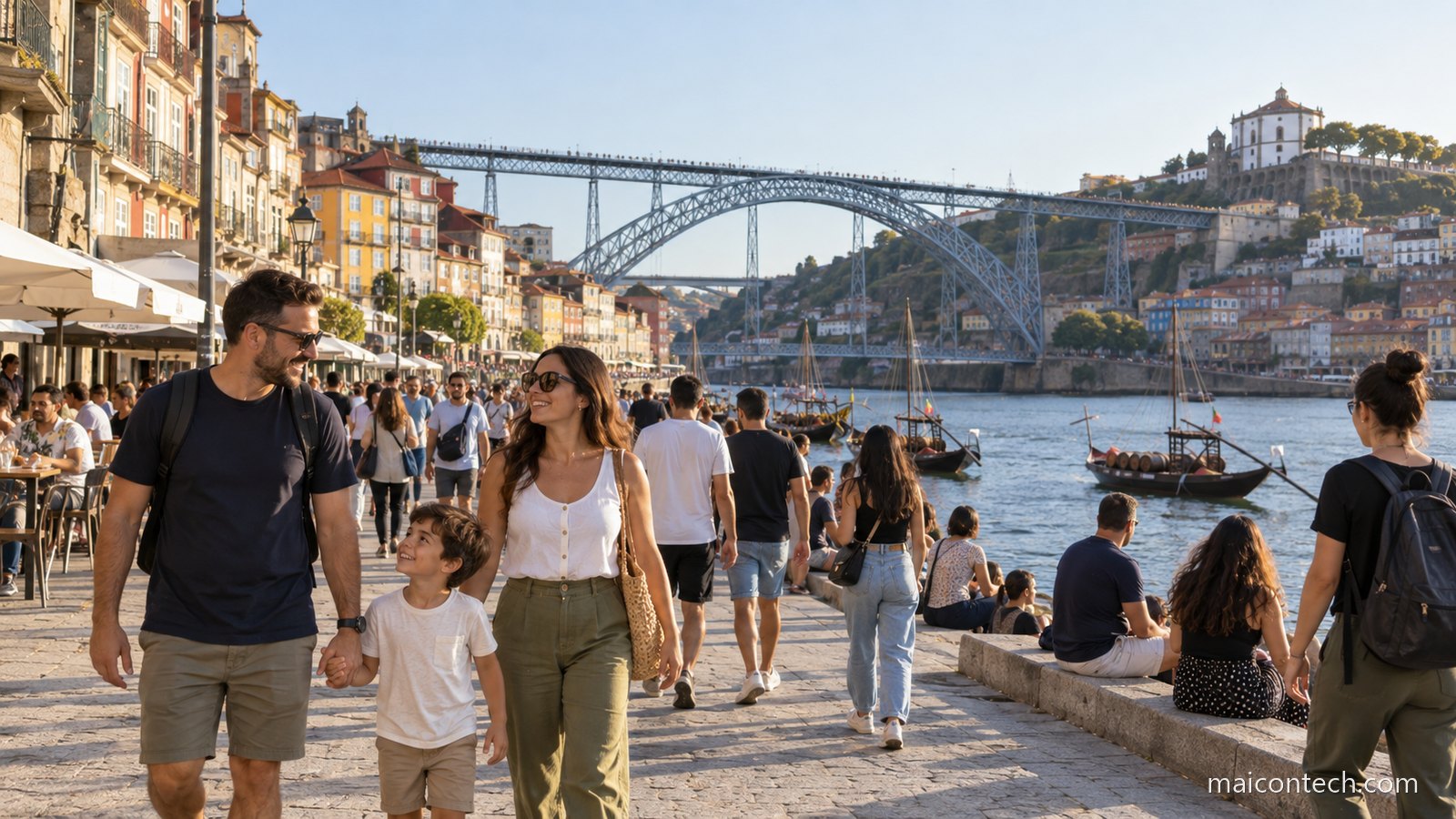 Famílias e jovens passeiam na beira-rio do Douro no Porto, com a ponte Dom Luís ao fundo