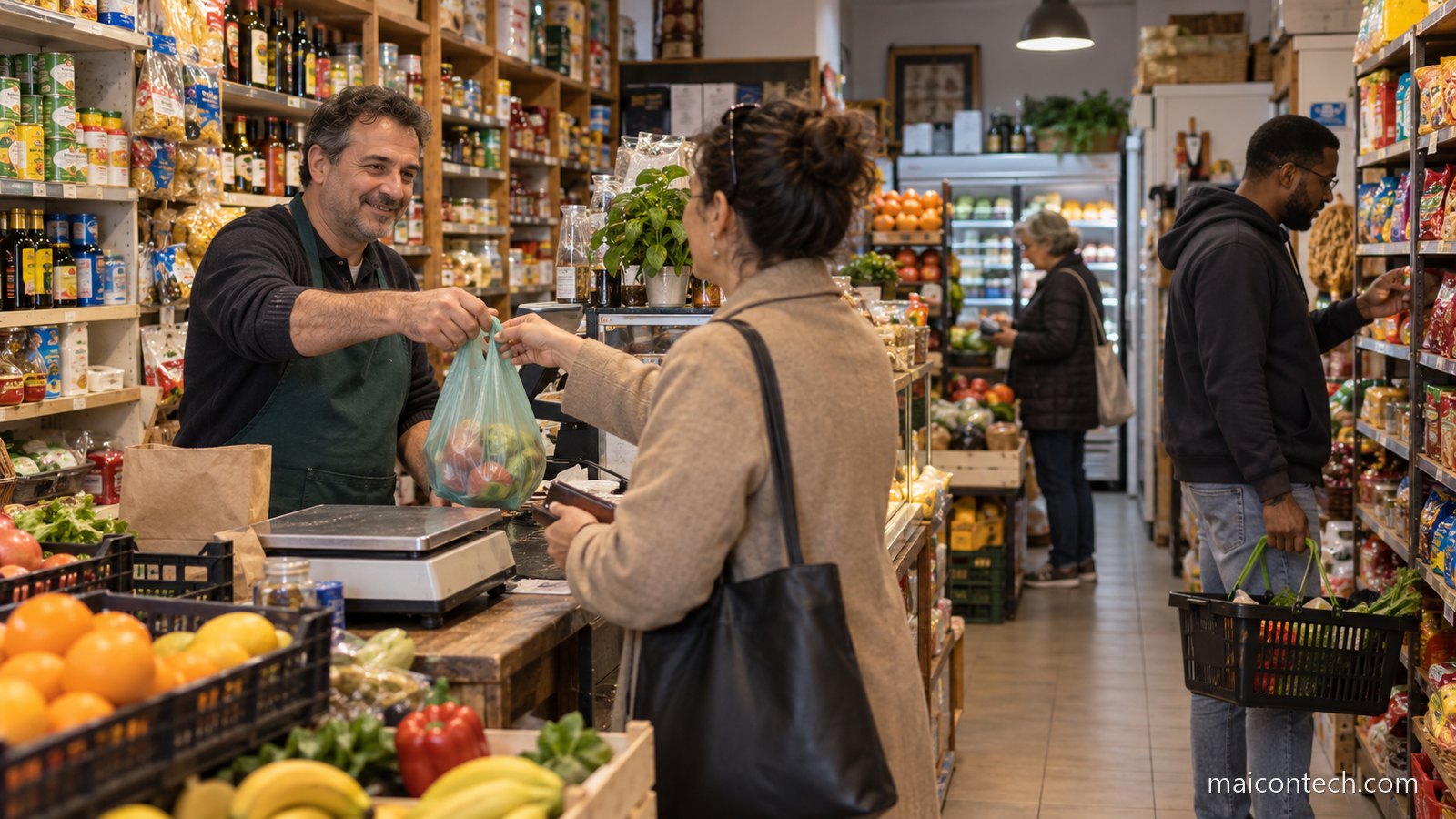 Interior de uma mercearia de bairro, com o comerciante atendendo uma cliente e outros clientes escolhendo produtos