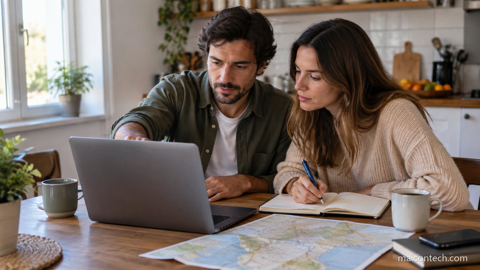 Casal à mesa da cozinha olhando o computador com um mapa aberto e um caderno de anotações