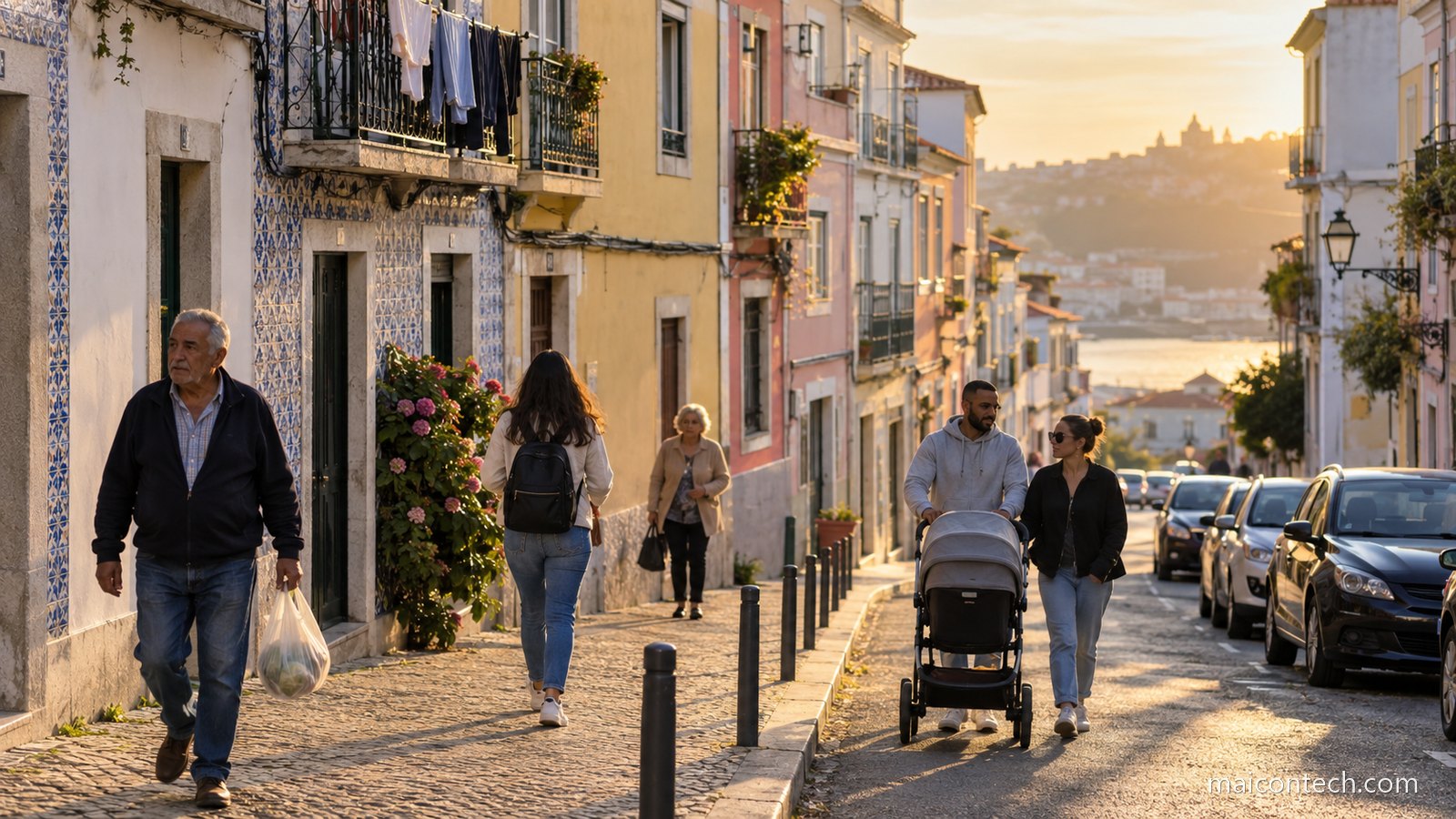 Pessoas caminhando numa rua estreita de bairro português ao fim da tarde, com roupa estendida nas varandas e o rio ao fundo