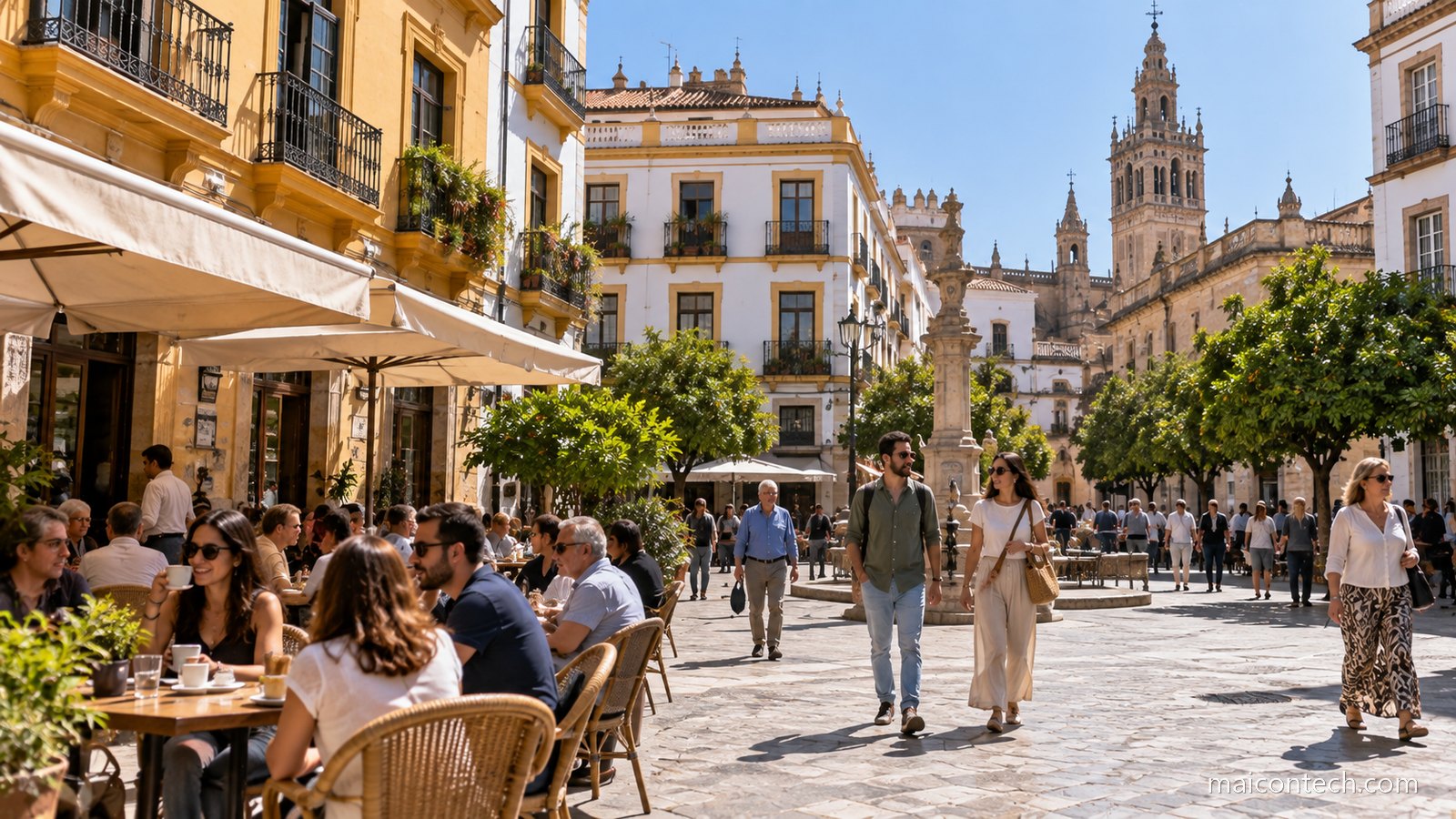 Praca de uma cidade espanhola com esplanadas cheias e pessoas a passear ao fim da tarde