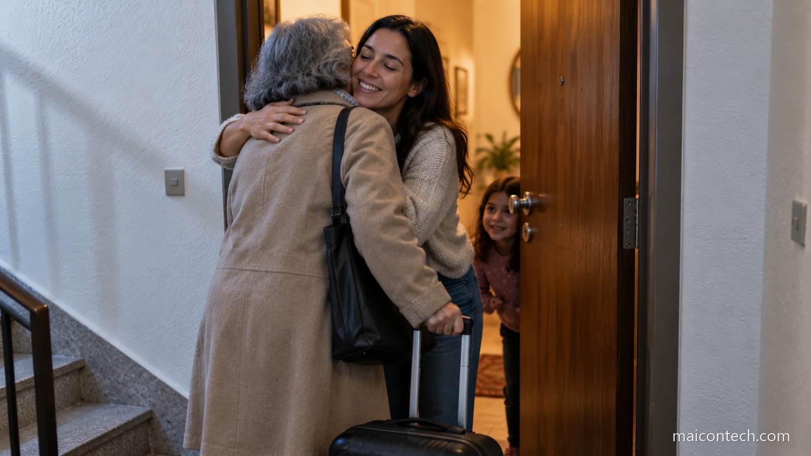 Duas mulheres a abracarem-se a porta de um apartamento, com mala de viagem ao lado e uma crianca a espreitar