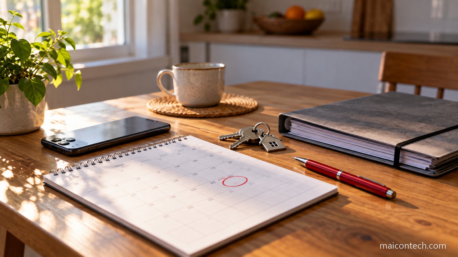 Calendário de mesa com uma data assinalada a vermelho, ao lado de um telemóvel, um molho de chaves, uma pasta de documentos e uma chávena de café