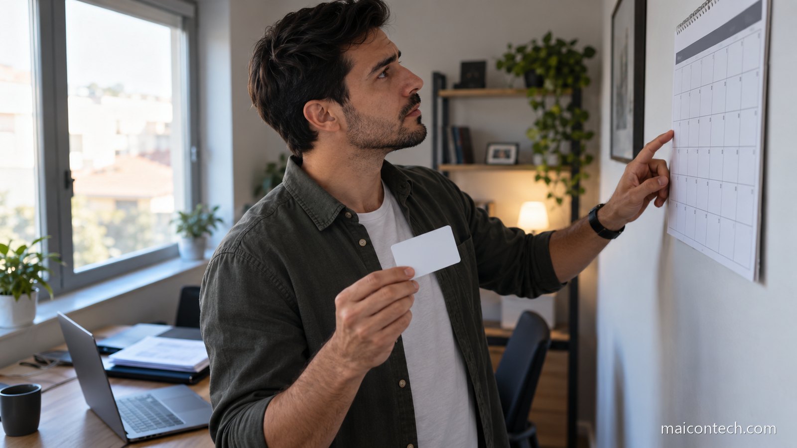 Homem segura um cartao enquanto confere uma data num calendario de parede no escritorio em casa