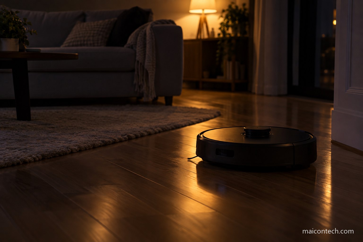 Robo aspirador a limpar o soalho de uma sala a noite, iluminado apenas por um candeeiro ao fundo