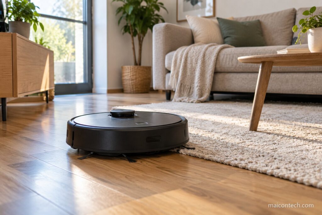 Robo aspirador a limpar o chao de madeira de uma sala junto a borda de um tapete claro, com sofa ao fundo