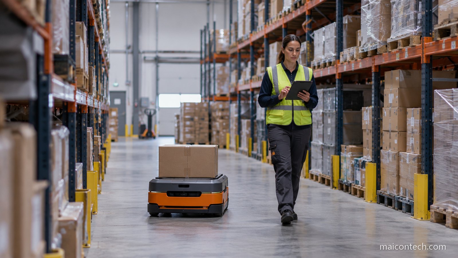 Robo movel de logistica transporta uma caixa num corredor de armazem enquanto uma operaria de colete refletor caminha ao lado a olhar para um tablet