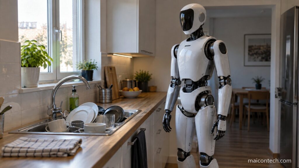 Robo humanoide parado numa cozinha domestica ao lado da banca com loica por lavar