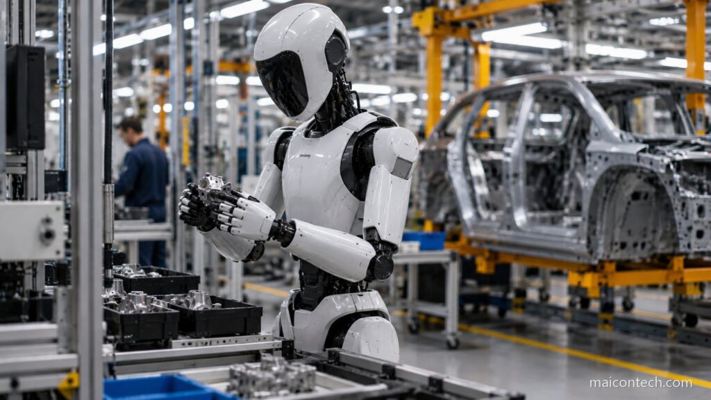 Robo humanoide a segurar uma peca numa linha de montagem de automoveis, com um trabalhador ao fundo