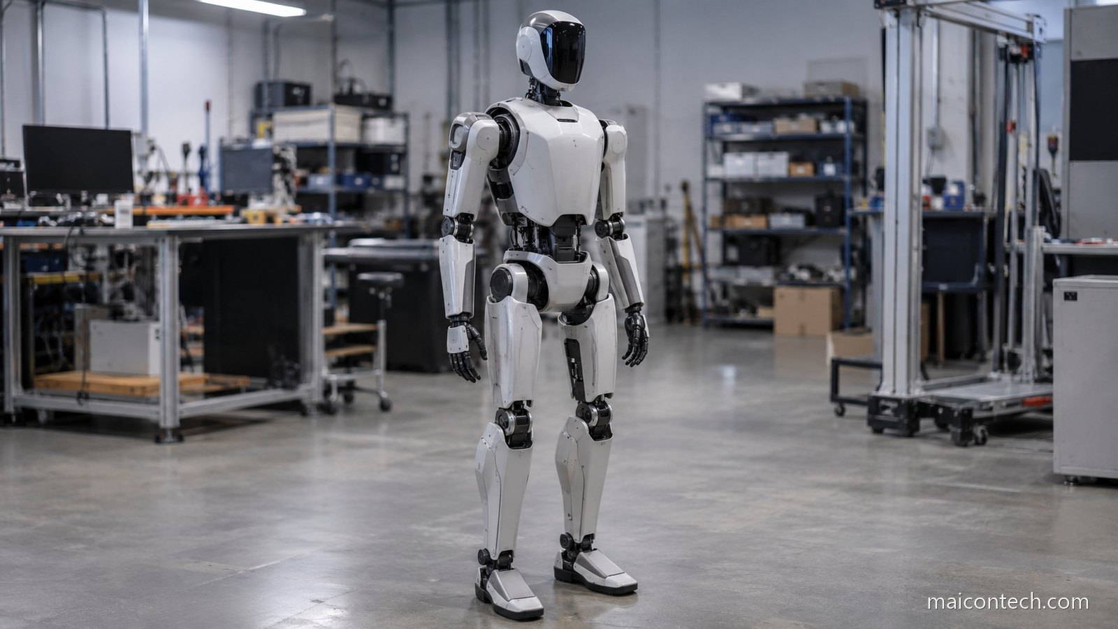 Robo humanoide branco e cinzento parado num laboratorio de robotica, com bancadas de trabalho desfocadas ao fundo