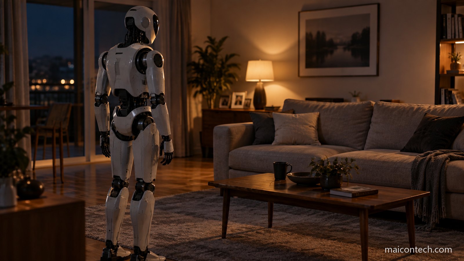Robo humanoide parado numa sala de estar a noite, visto de tras, virado para o sofa vazio