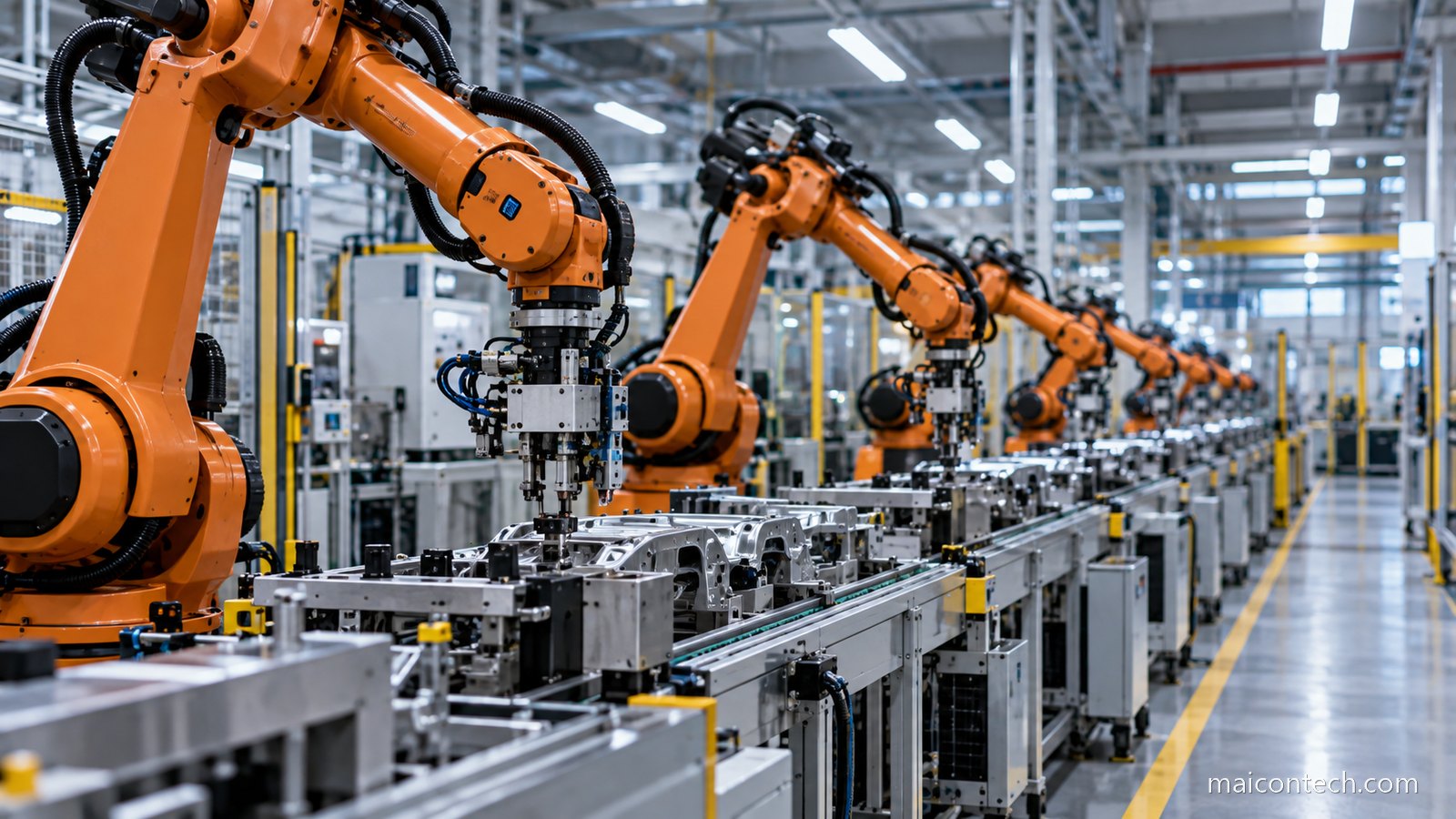Linha de montagem industrial com vários braços robóticos alaranjados em fila