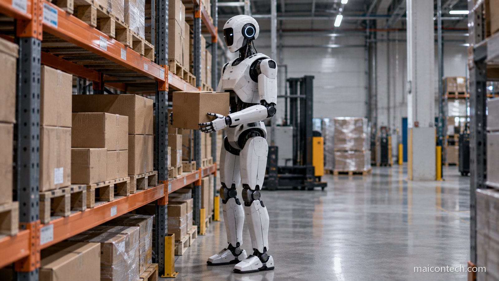 Robô humanoide branco a segurar uma caixa num armazém logístico