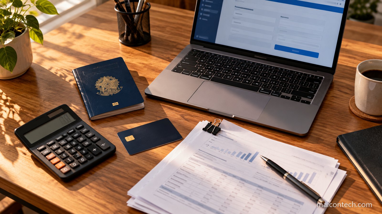 Secretária de madeira com portátil aberto num formulário, passaporte brasileiro fechado, calculadora, cartão bancário e extratos impressos