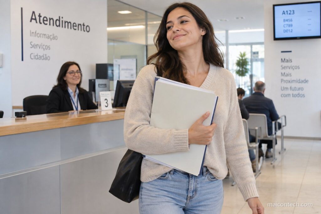 Mulher a afastar-se de um balcao de atendimento com uma pasta de documentos na mao, num servico publico moderno