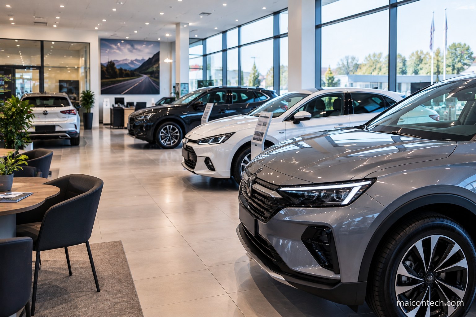 Interior de um stand automovel com varios carros novos alinhados e etiquetas nos vidros