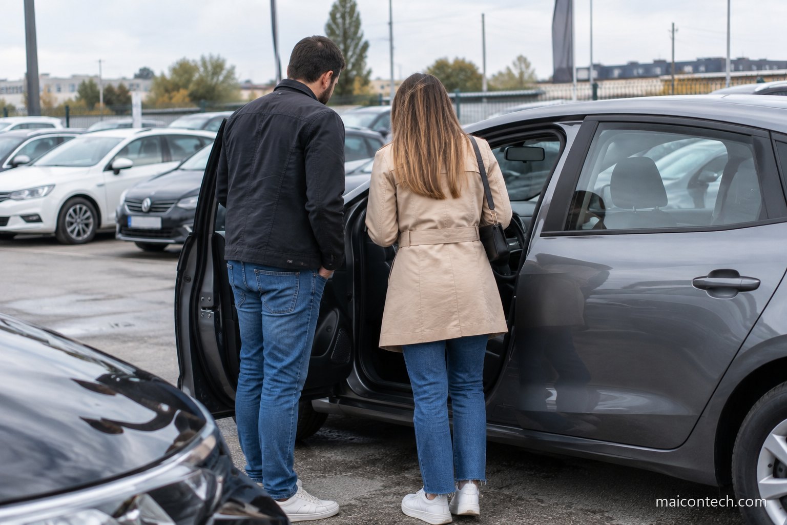 Casal de costas a ver um carro usado com a porta aberta num stand ao ar livre, com outros carros em fila ao fundo
