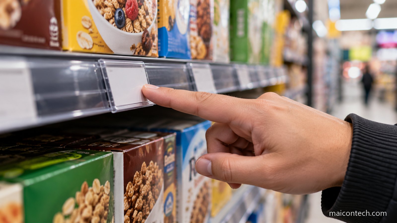 Mão apontando para a etiqueta de preço na borda da prateleira do supermercado