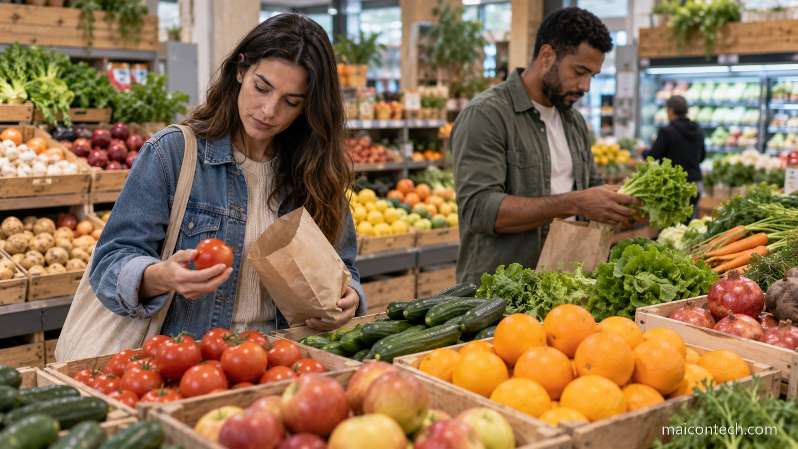 Clientes escolhendo fruta e legumes frescos em caixas de madeira na secção de hortifrúti
