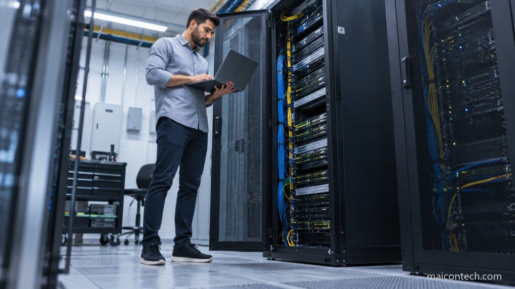 Tecnico a consultar um computador portatil junto a um armario de servidores aberto