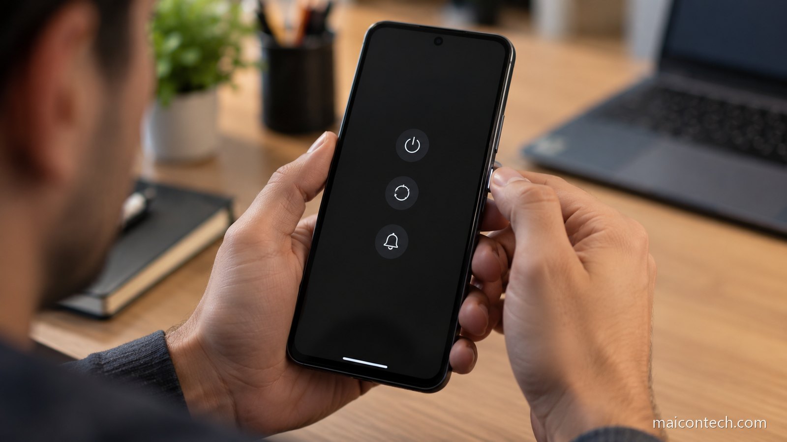 Duas maos seguram um telemovel Android com o ecra escuro e despido, o polegar a pressionar o botao lateral