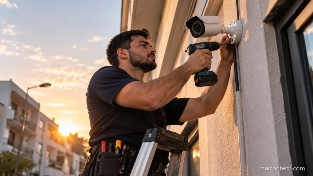 Tecnico em cima de um escadote a fixar uma camara de videovigilancia na parede de um edificio ao fim da tarde