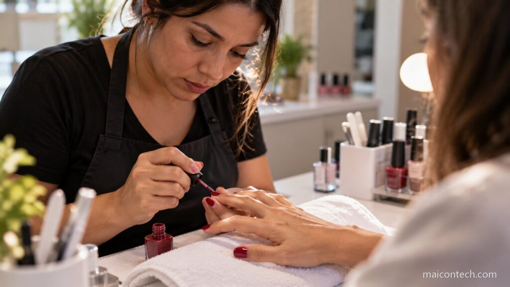 Manicure profissional de avental escuro a aplicar verniz na unha de uma cliente num salao com luz natural