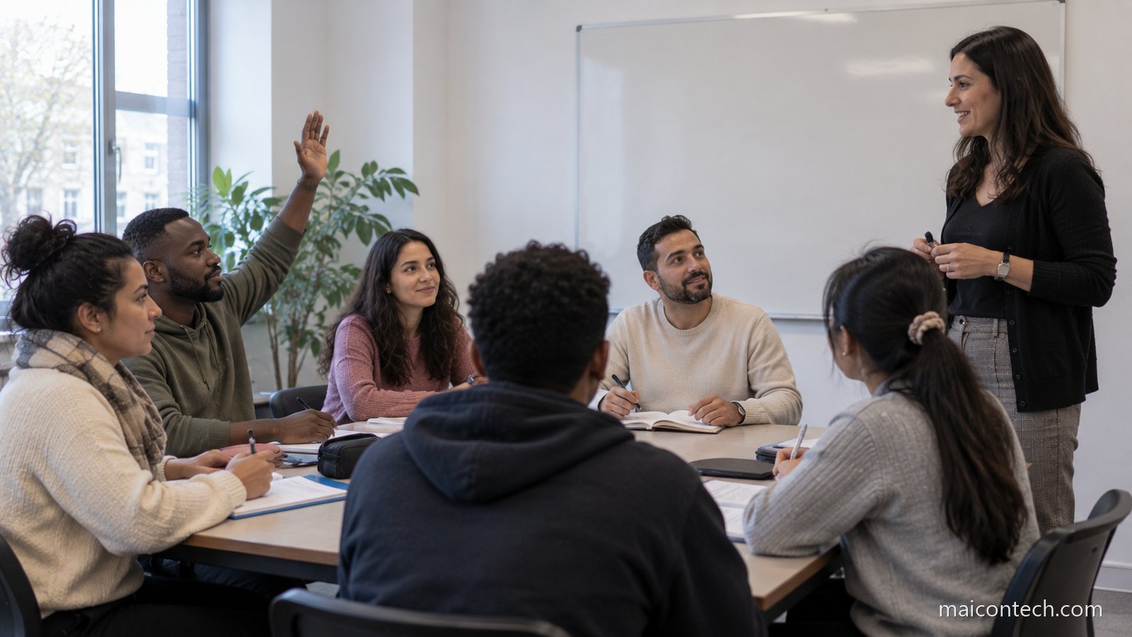 Estudantes de várias nacionalidades à volta de uma mesa numa pequena sala de aula de inglês