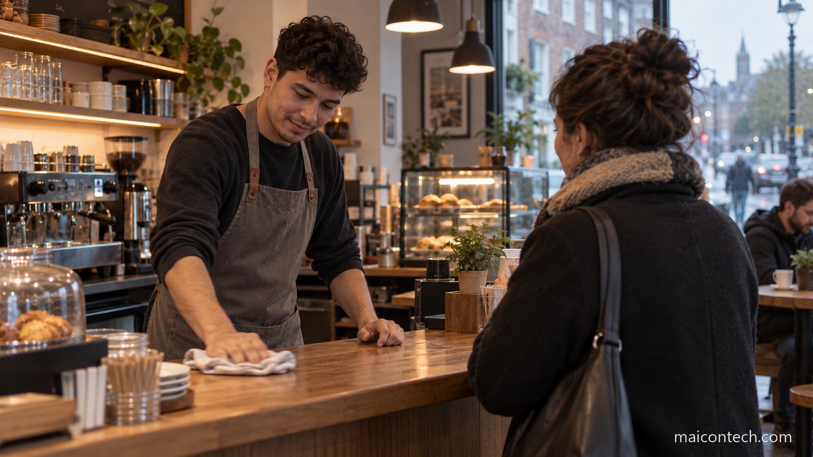 Jovem trabalha ao balcão de um pequeno café em Dublin enquanto uma cliente espera