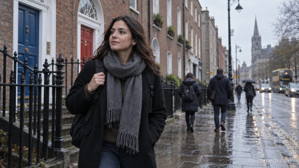 Jovem com mochila caminha por uma rua de Dublin numa manhã chuvosa, com casas georgianas de portas coloridas ao fundo