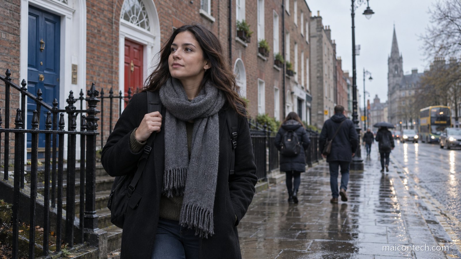 Jovem com mochila caminha por uma rua de Dublin numa manhã chuvosa, com casas georgianas de portas coloridas ao fundo